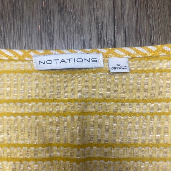 Notations Size S Yellow White Stripe Button Front Cap Sleeve Waist Tie Top - Picture 2 of 4